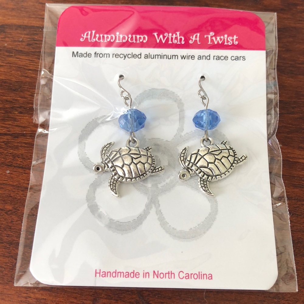 Turtle earrings made from recycled aluminum and race cars